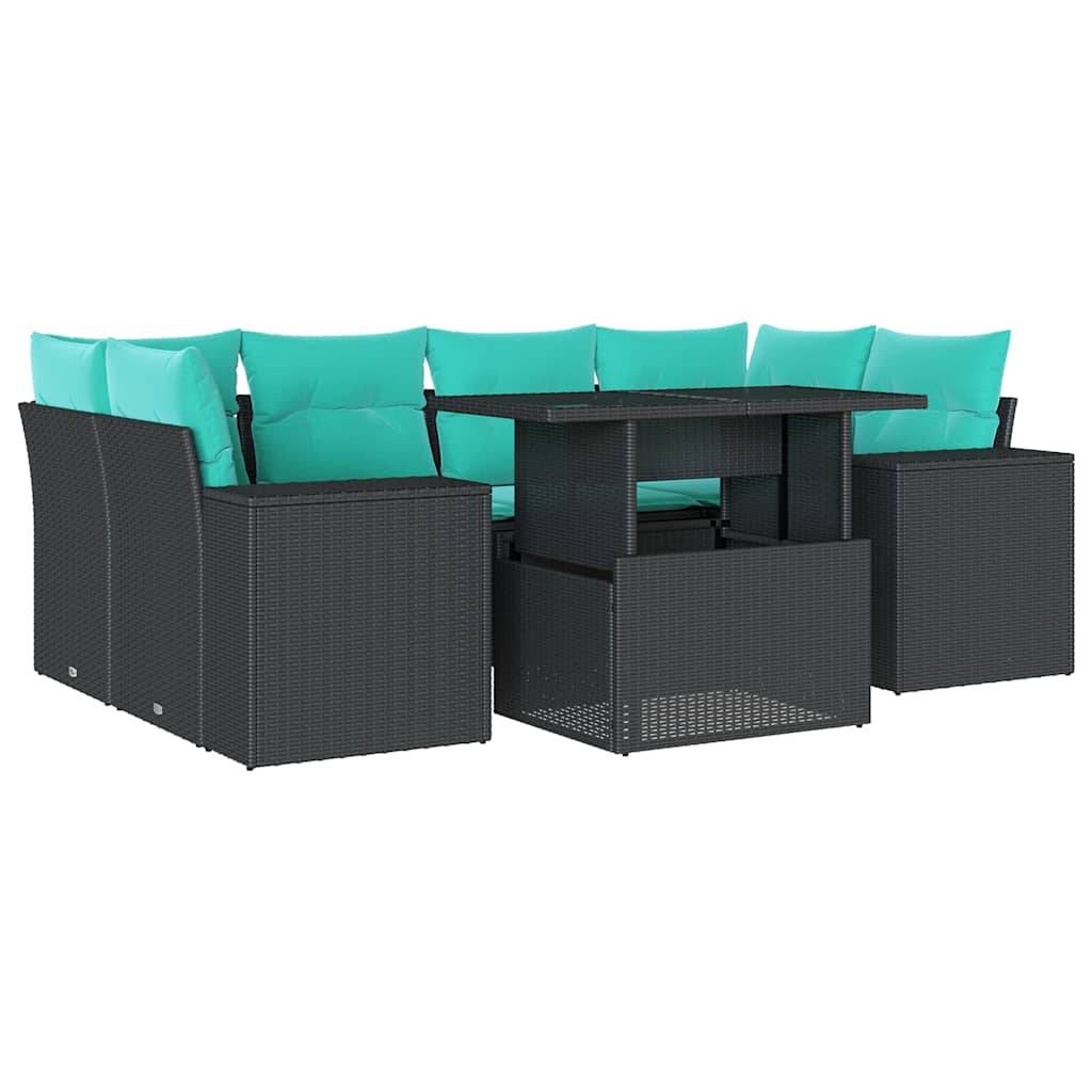 vidaXL 7-teiliges Gartensofa-Set mit Kissen, schwarzes Polyrattan
