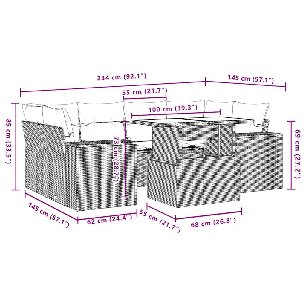 vidaXL 7-teiliges Gartensofa-Set mit Kissen, schwarzes Polyrattan