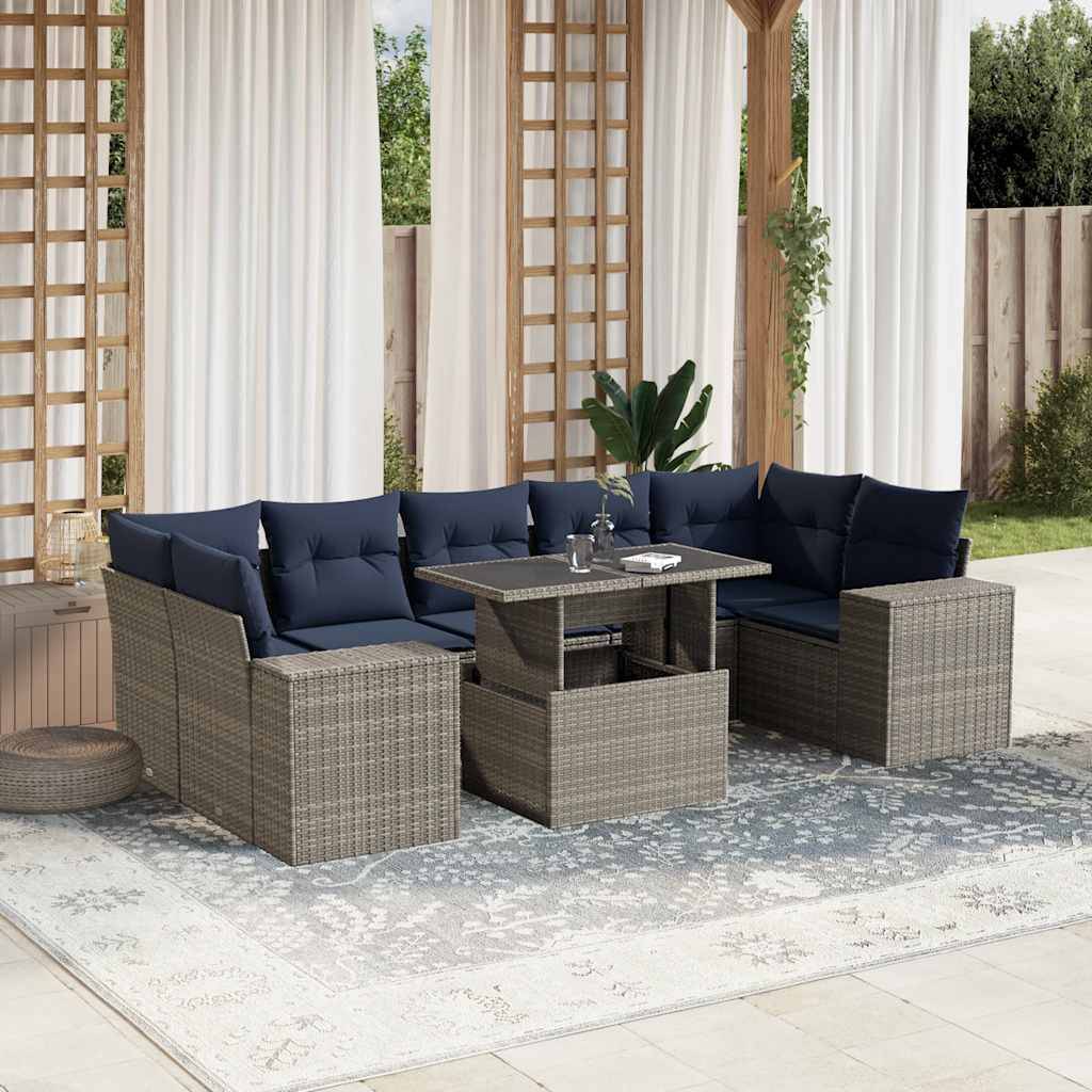 vidaXL 8-teiliges Gartensofa-Set mit Kissen, grau, Polyrattan