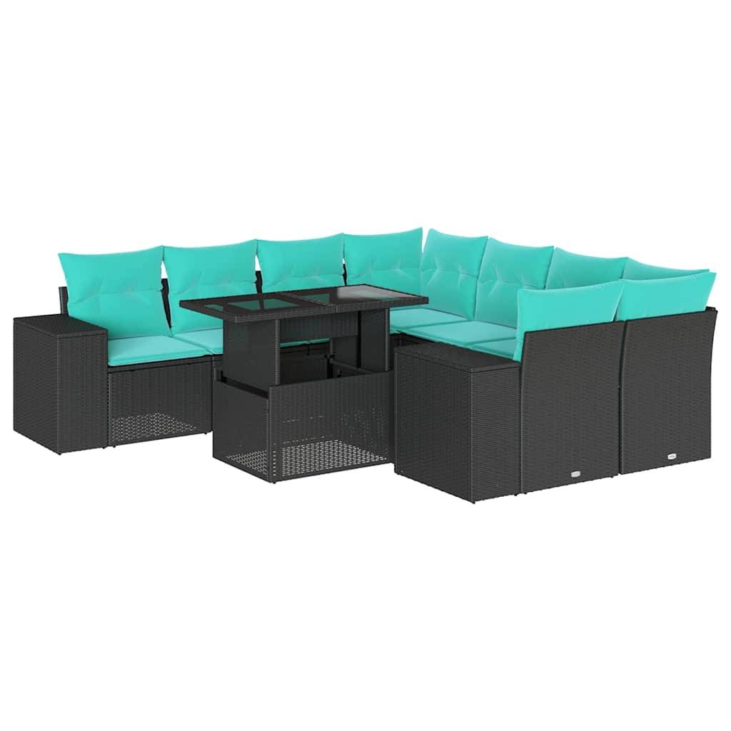 vidaXL 9-teiliges Gartensofa-Set mit Kissen, schwarzes Polyrattan