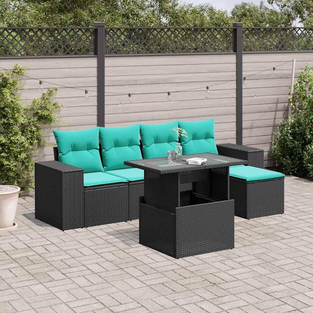 vidaXL 6-teiliges Gartensofa-Set mit Kissen, schwarzes Polyrattan