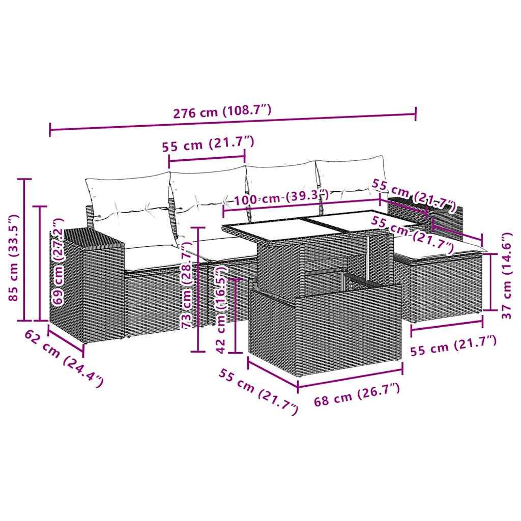 vidaXL 6-teiliges Gartensofa-Set mit Kissen, schwarzes Polyrattan