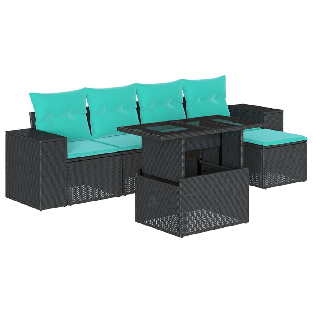 vidaXL 6-teiliges Gartensofa-Set mit Kissen, schwarzes Polyrattan