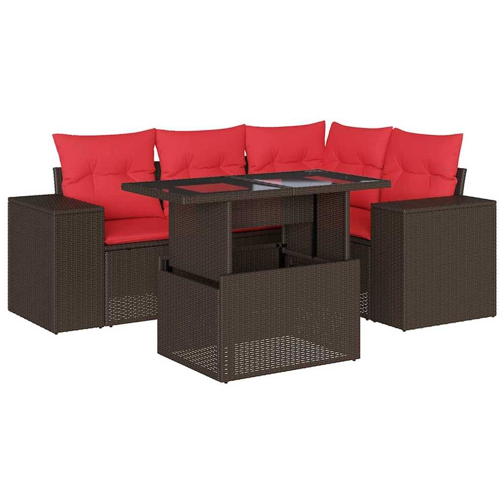 vidaXL 5-teiliges Gartensofa-Set mit Kissen, braun, Polyrattan