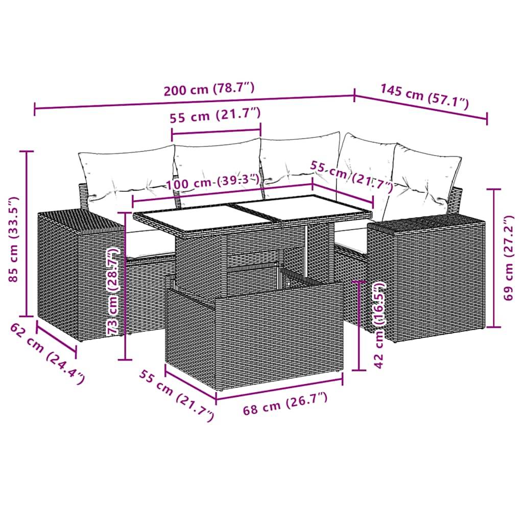 vidaXL 5-teiliges Gartensofa-Set mit Kissen, braun, Polyrattan