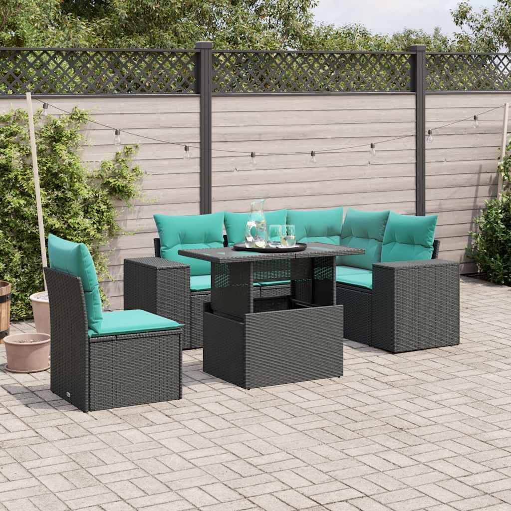 vidaXL 6-teiliges Gartensofa-Set mit Kissen, schwarzes Polyrattan