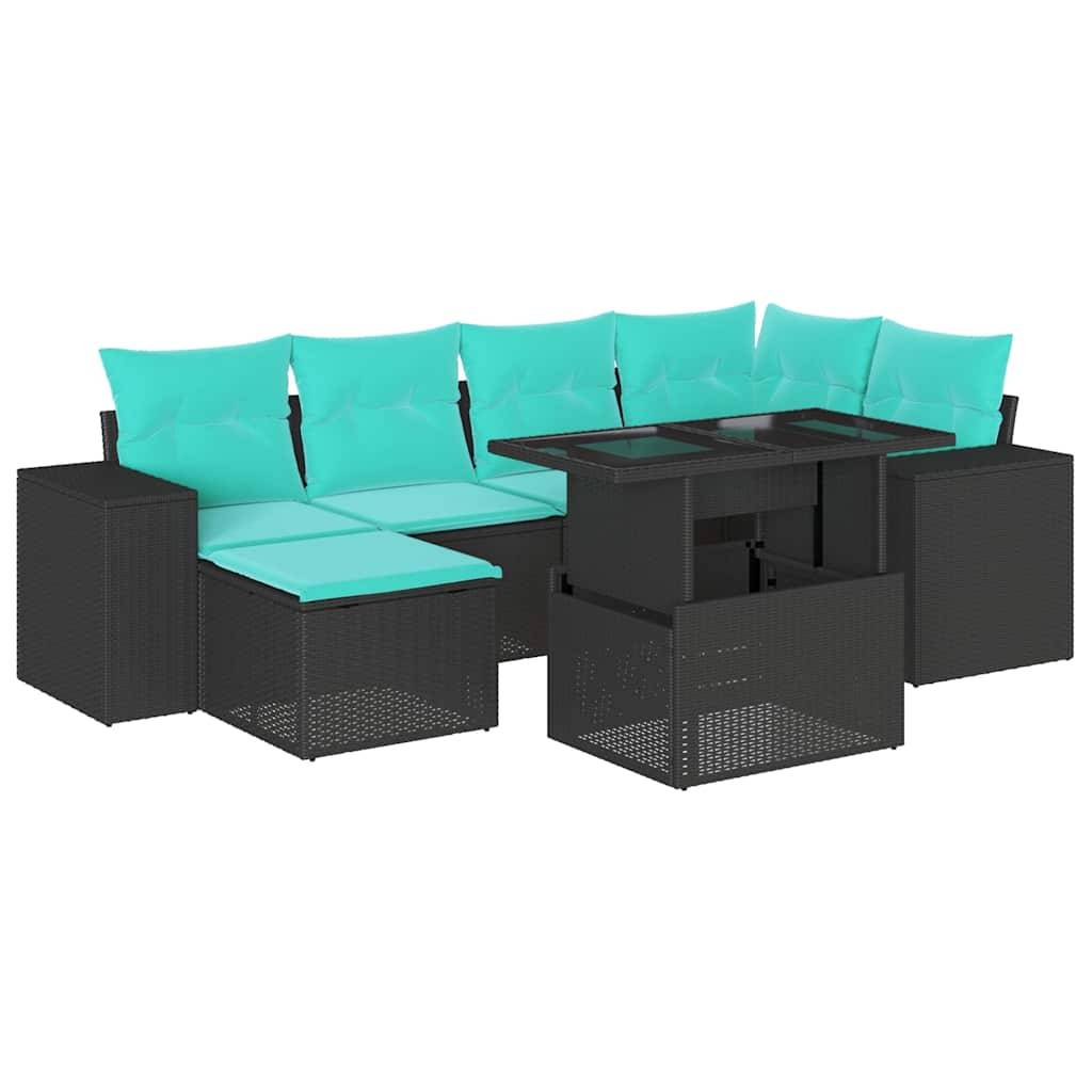 vidaXL 7-teiliges Gartensofa-Set mit Kissen, schwarzes Polyrattan
