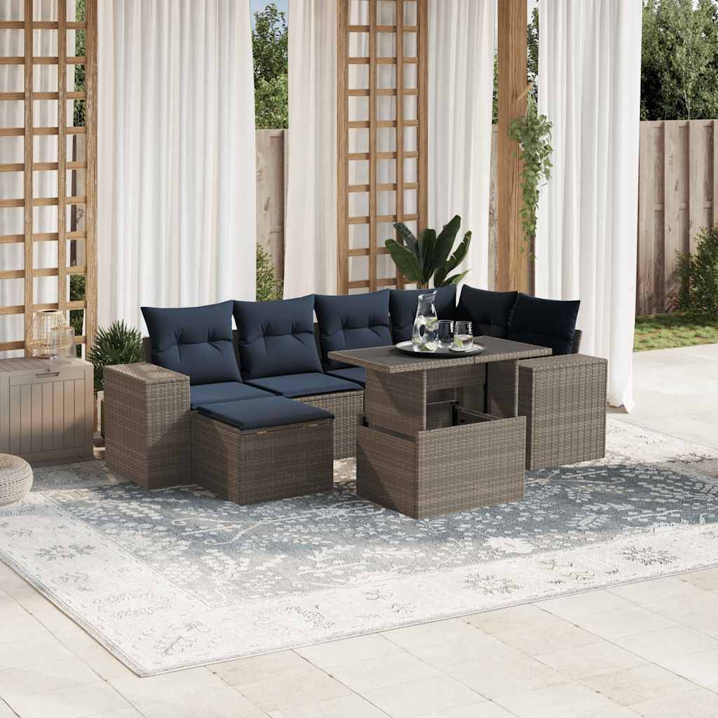 vidaXL 7-teiliges Gartensofa-Set mit Kissen, grau, Polyrattan