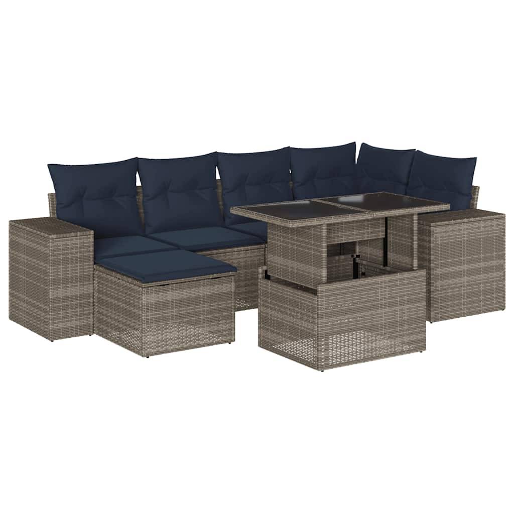 vidaXL 7-teiliges Gartensofa-Set mit Kissen, grau, Polyrattan