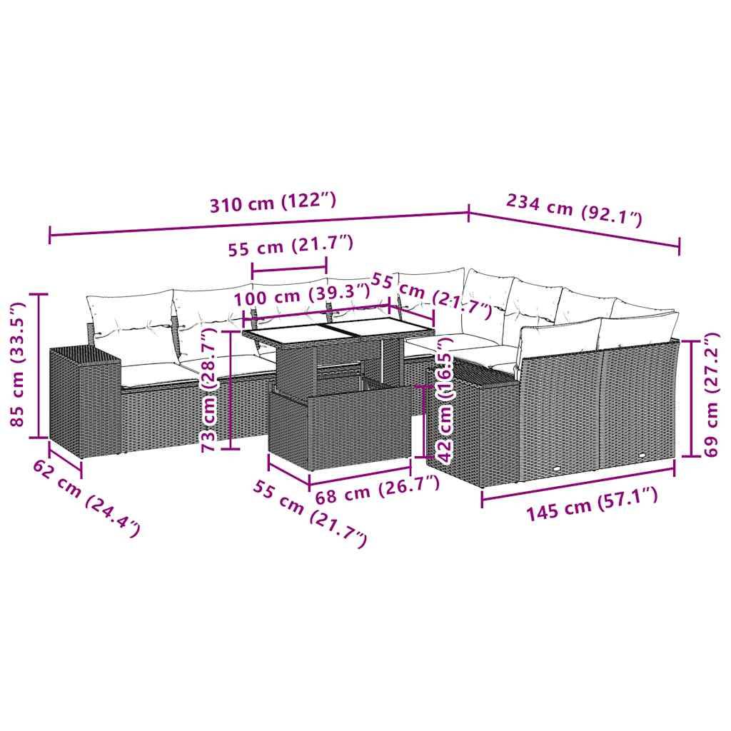 vidaXL 10-teiliges Gartensofa-Set mit Kissen, schwarzes Polyrattan