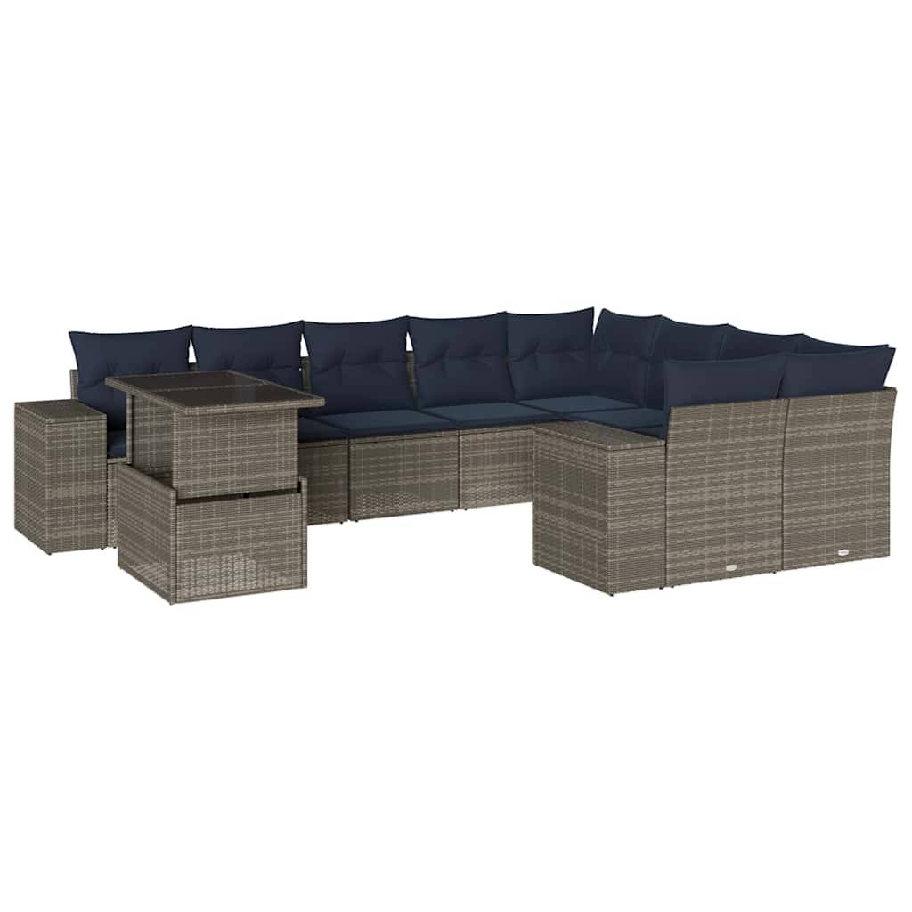 vidaXL 10-teiliges Gartensofa-Set mit Kissen, grau, Polyrattan