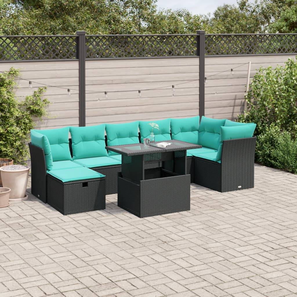 vidaXL 8-teiliges Gartensofa-Set mit Kissen, schwarzes Polyrattan