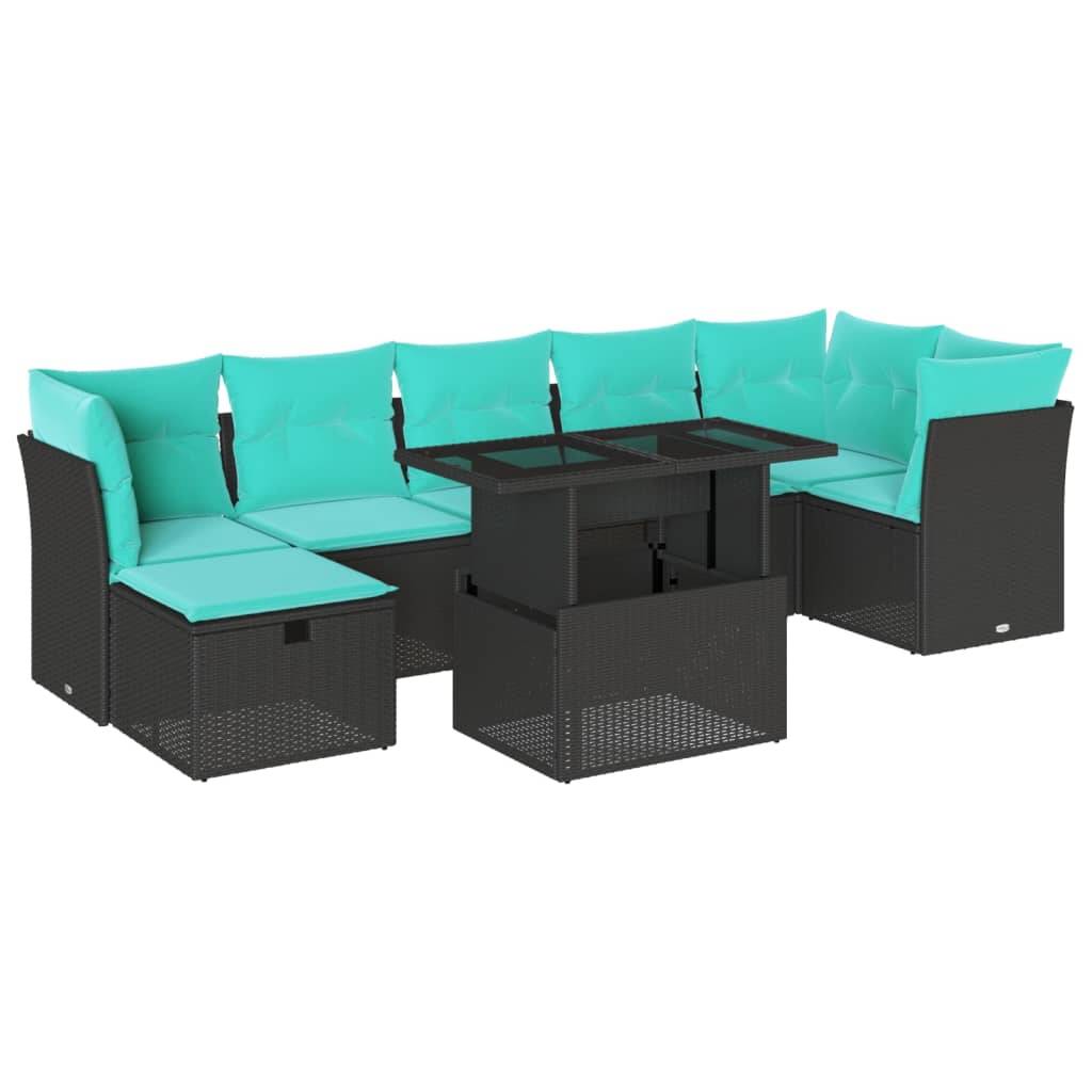 vidaXL 8-teiliges Gartensofa-Set mit Kissen, schwarzes Polyrattan