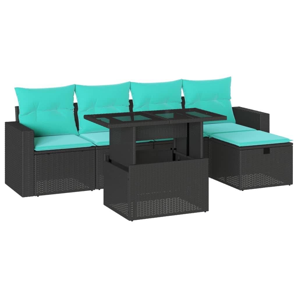 vidaXL 6-teiliges Gartensofa-Set mit Kissen, schwarzes Polyrattan