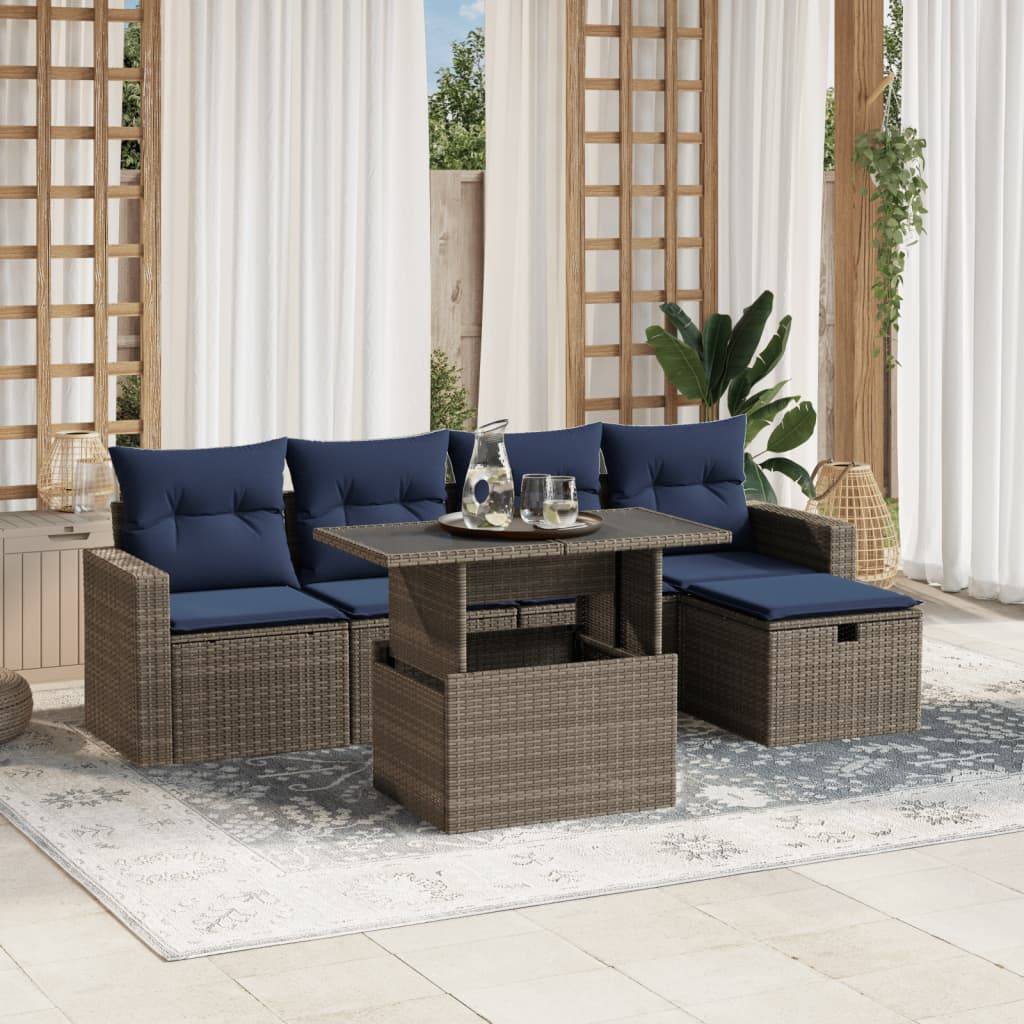 vidaXL 6-teiliges Gartensofa-Set mit Kissen, grau, Polyrattan