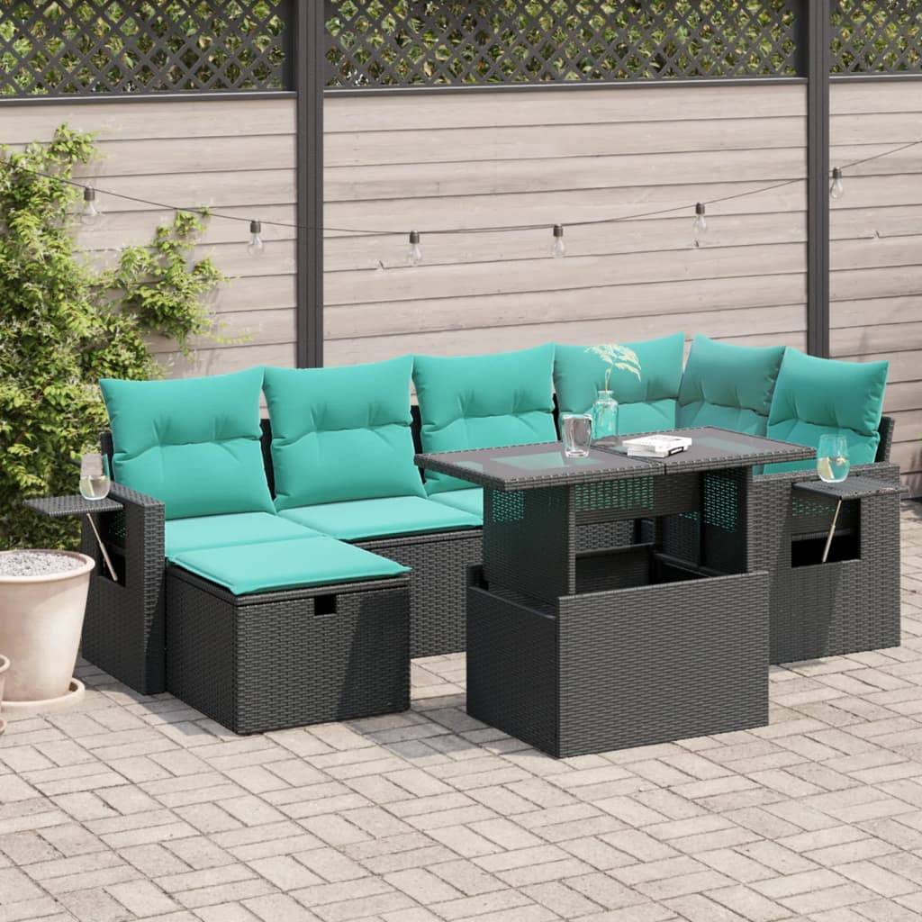 vidaXL 7-teiliges Gartensofa-Set mit Kissen, schwarzes Polyrattan