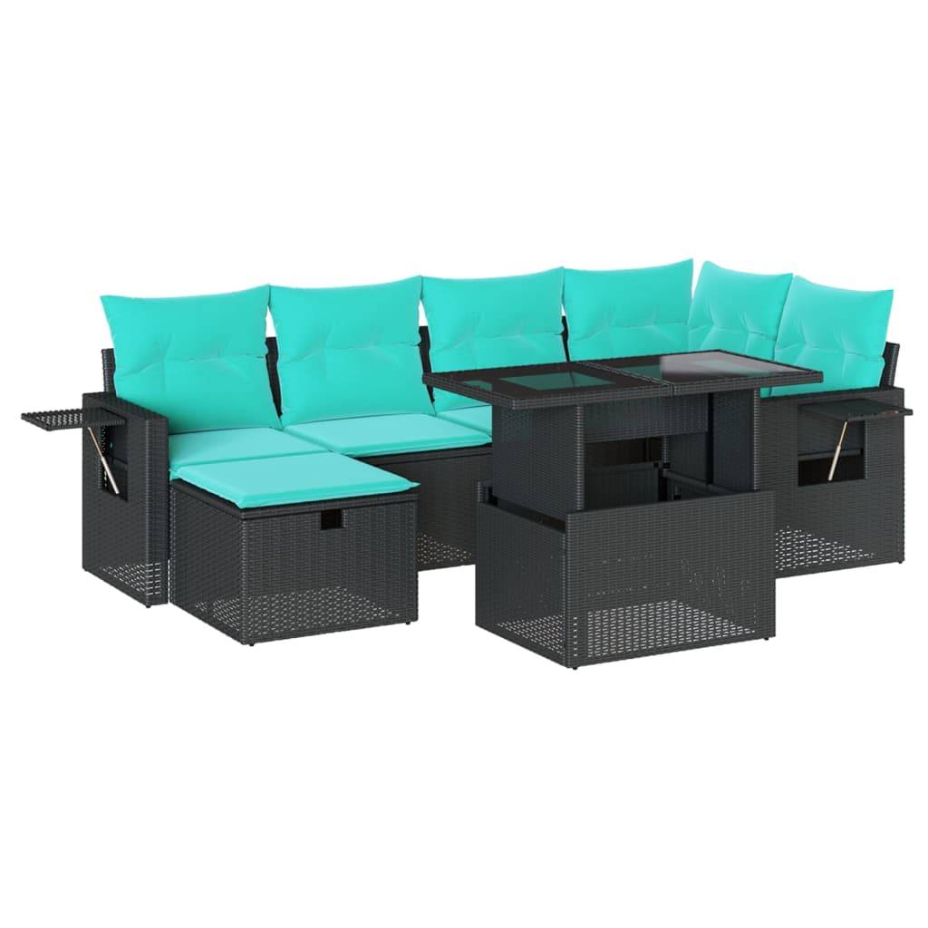 vidaXL 7-teiliges Gartensofa-Set mit Kissen, schwarzes Polyrattan