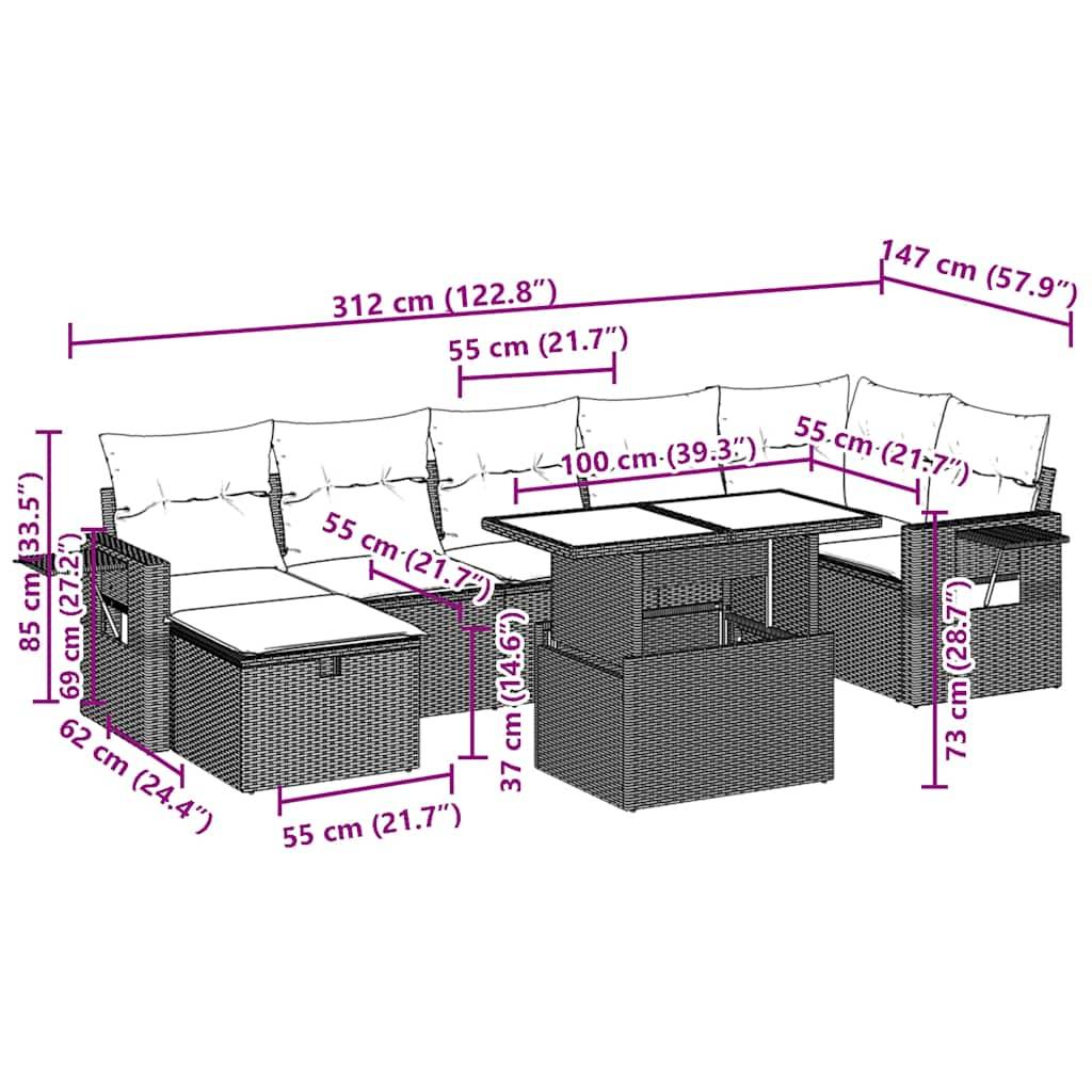 vidaXL 8-teiliges Gartensofa-Set mit Kissen, braun, Polyrattan