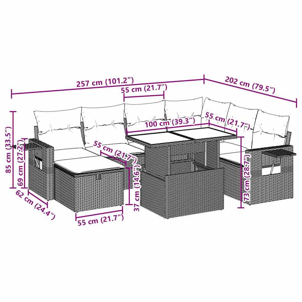vidaXL 8-teiliges Gartensofa-Set mit Kissen, grau, Polyrattan
