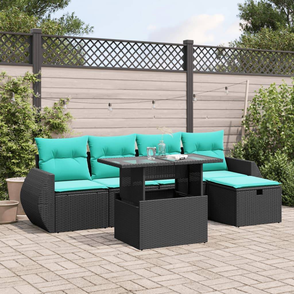 vidaXL 6-teiliges Gartensofa-Set mit Kissen, schwarzes Polyrattan
