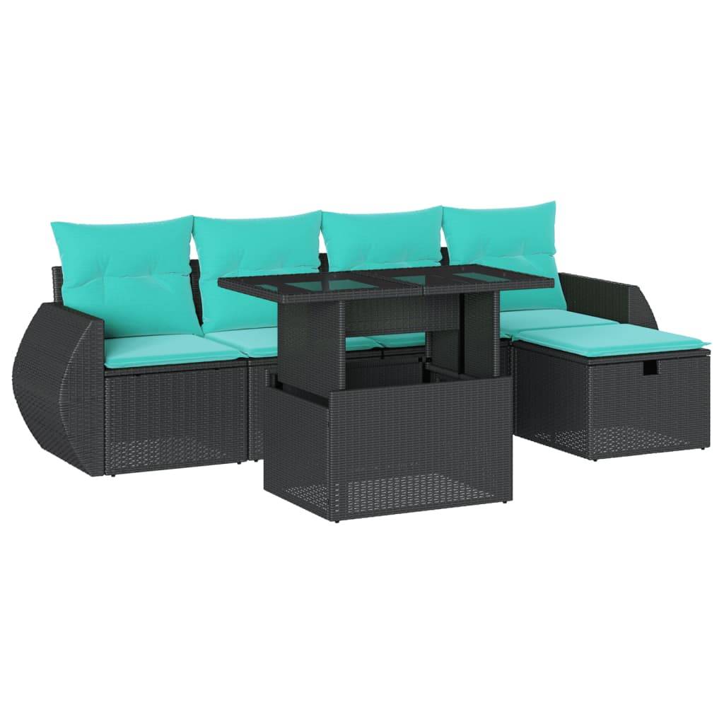 vidaXL 6-teiliges Gartensofa-Set mit Kissen, schwarzes Polyrattan