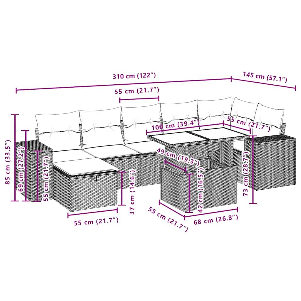 vidaXL 8-teiliges Gartensofa-Set mit Kissen, grau, Polyrattan