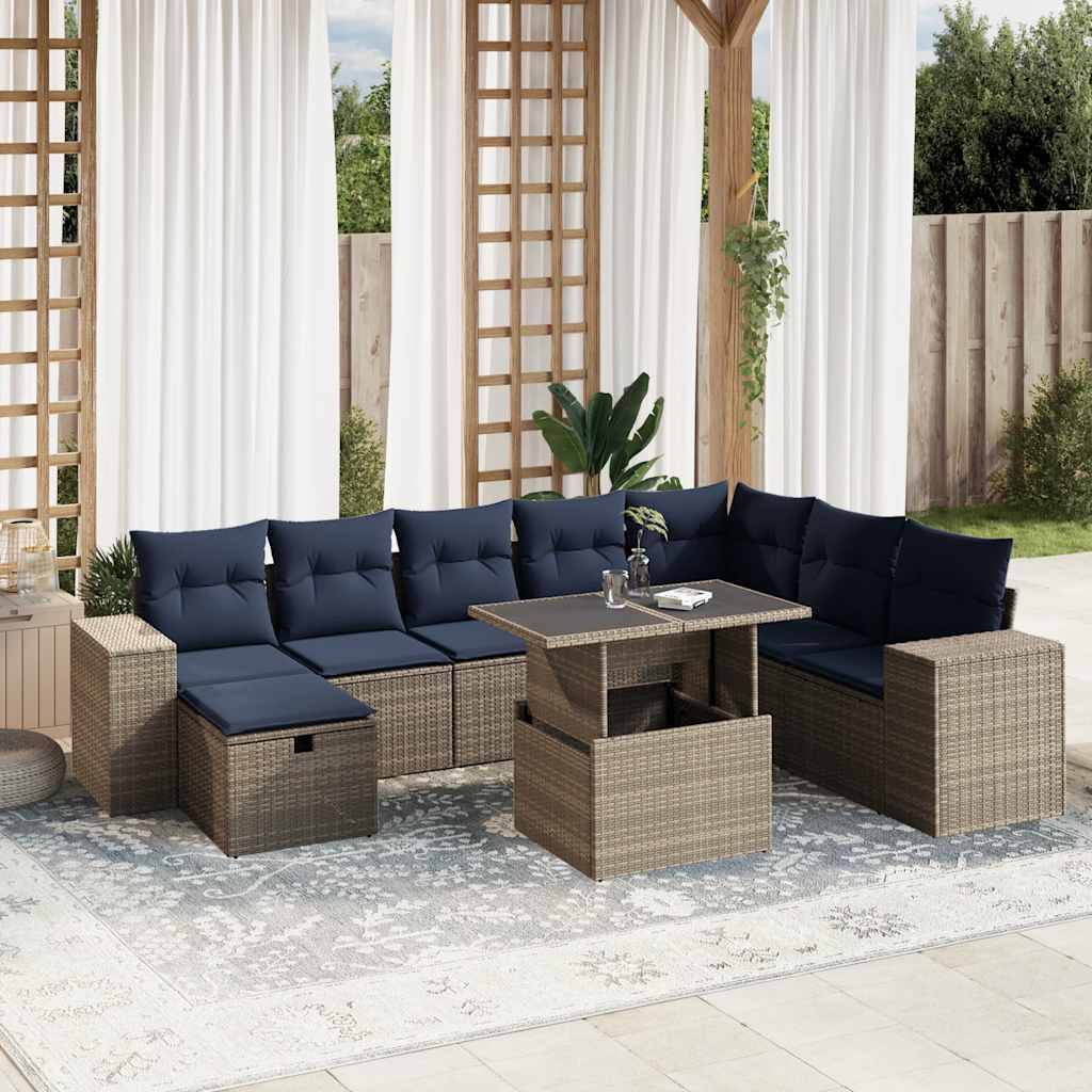 vidaXL 9-teiliges Gartensofa-Set mit Kissen, grau, Polyrattan