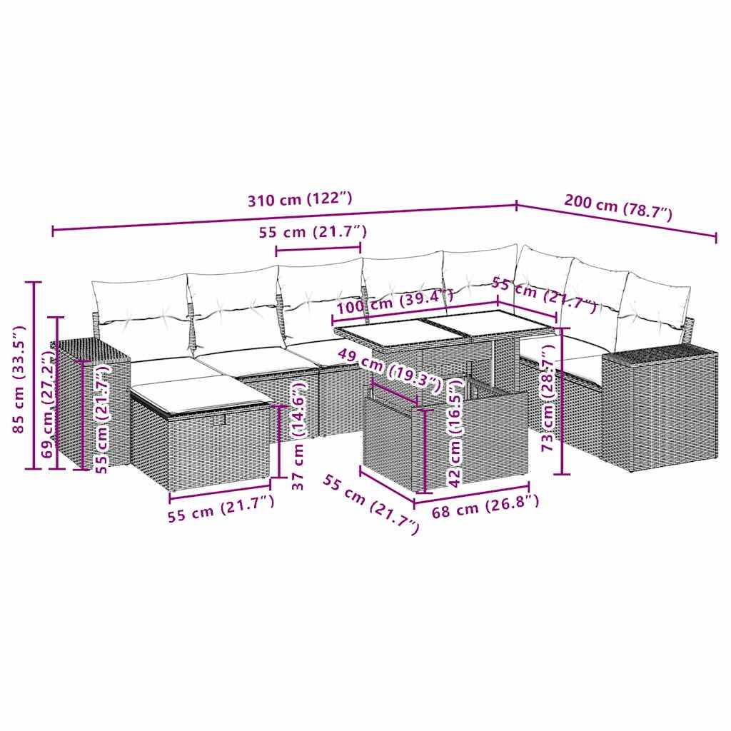 vidaXL 9-teiliges Gartensofa-Set mit Kissen, grau, Polyrattan