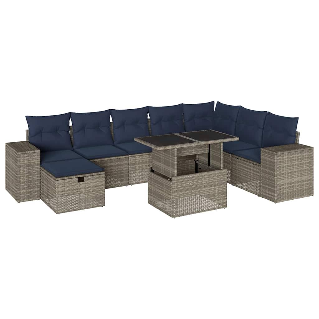 vidaXL 9-teiliges Gartensofa-Set mit Kissen, grau, Polyrattan