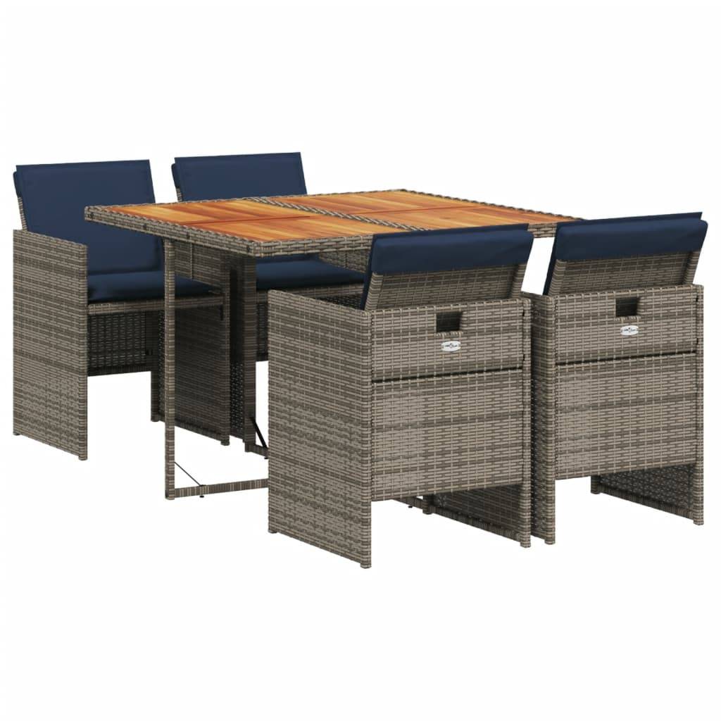 vidaXL 5-teiliges Garten-Ess-Set mit Kissen, grau, Polyrattan