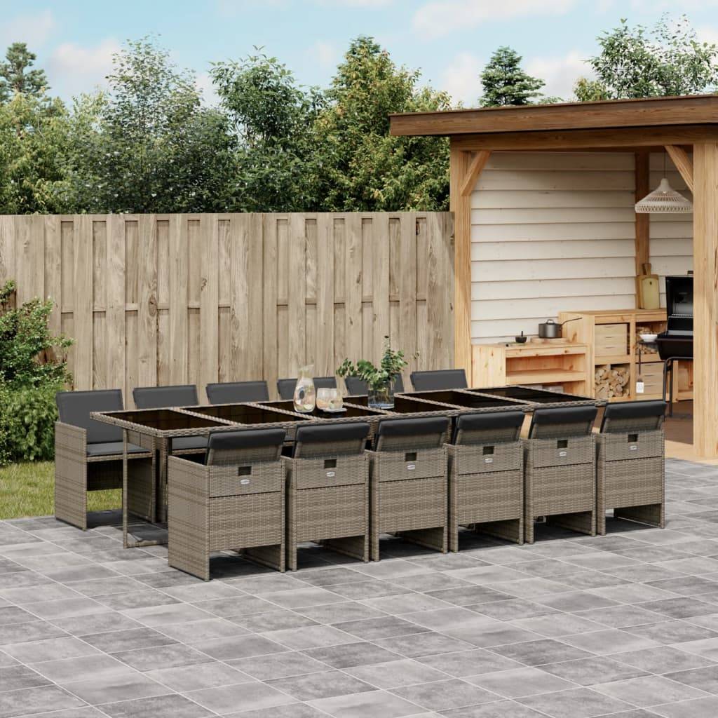 vidaXL 13-teiliges Garten-Ess-Set mit Kissen, grau, Polyrattan