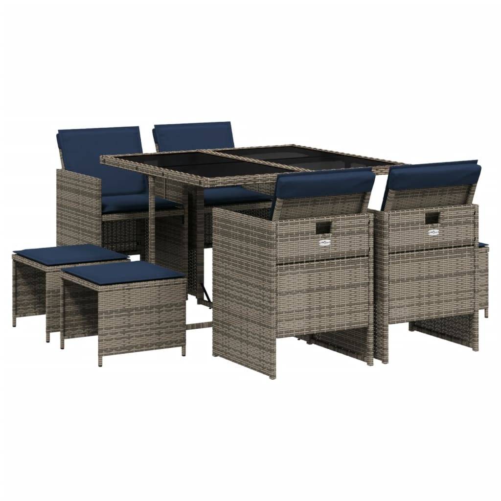 vidaXL 9-teiliges Garten-Ess-Set mit Kissen, grau, Polyrattan