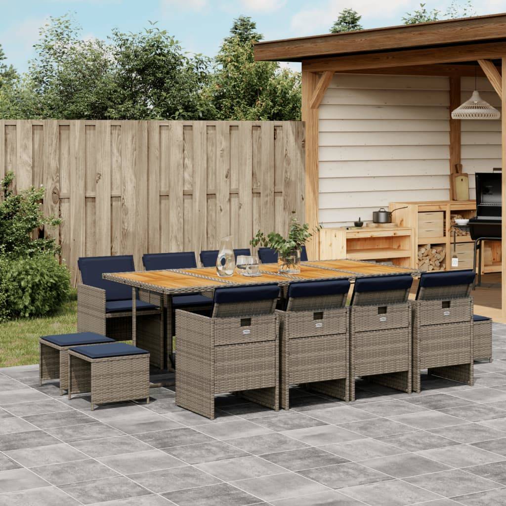 vidaXL 13-teiliges Garten-Ess-Set mit Kissen, grau, Polyrattan