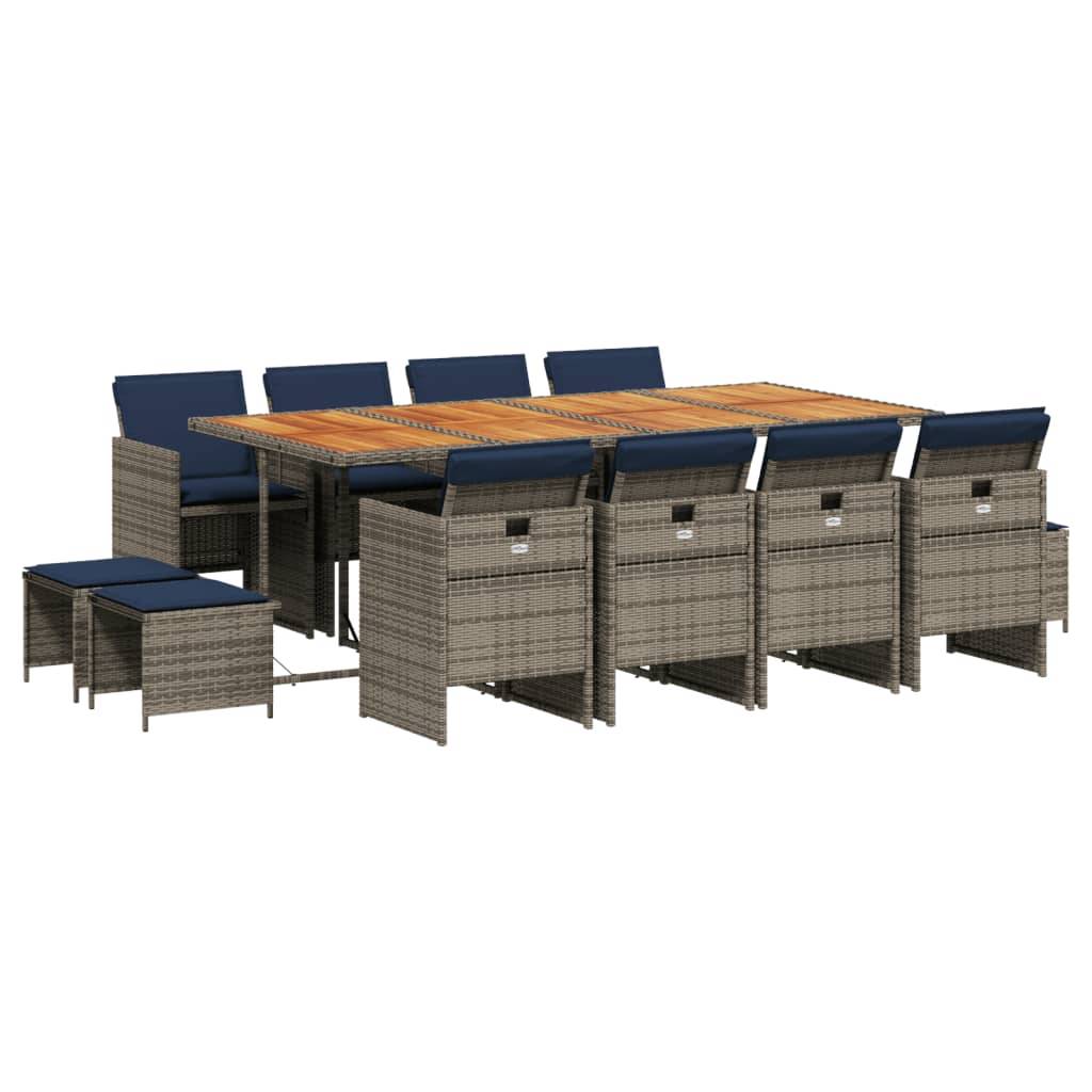 vidaXL 13-teiliges Garten-Ess-Set mit Kissen, grau, Polyrattan