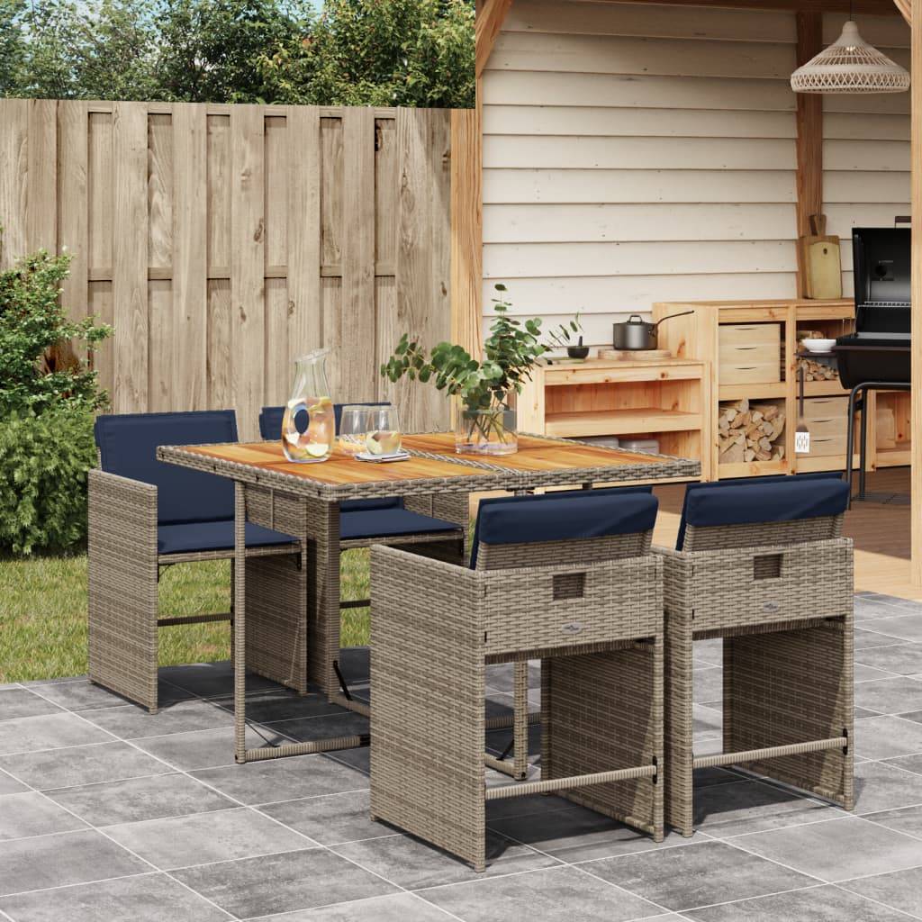 vidaXL 5-teiliges Garten-Ess-Set mit Kissen, grau, Polyrattan