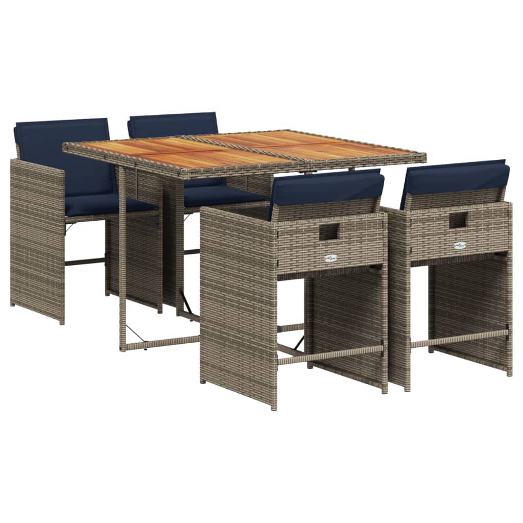 vidaXL 5-teiliges Garten-Ess-Set mit Kissen, grau, Polyrattan