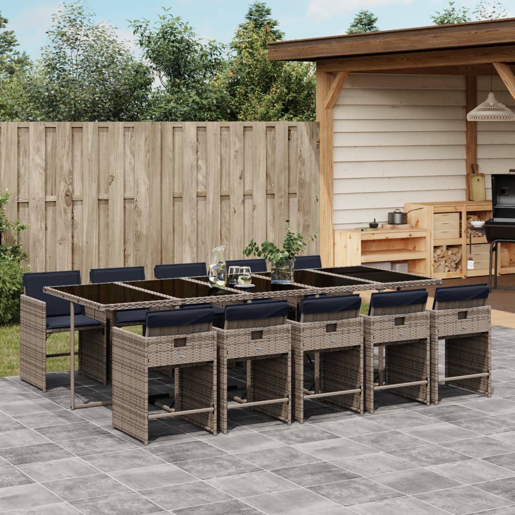vidaXL 11-teiliges Garten-Ess-Set mit Kissen, grau, Polyrattan