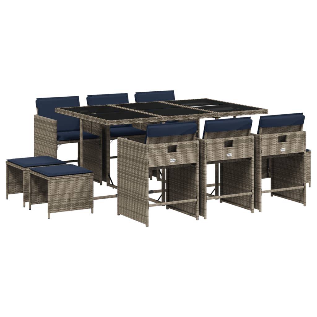 vidaXL 11-teiliges Garten-Ess-Set mit Kissen, grau, Polyrattan
