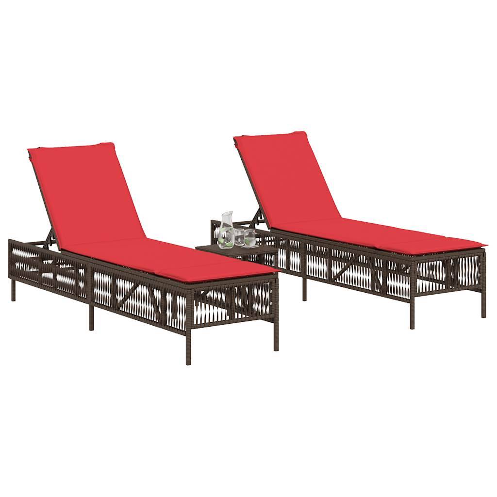 vidaXL Sonnenliegen 2 Stk. mit Tisch Braun Poly Rattan