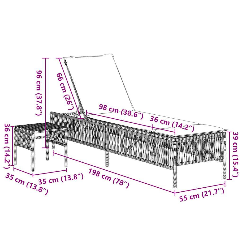 vidaXL Sonnenliegen 2 Stk. mit Tisch Braun Poly Rattan