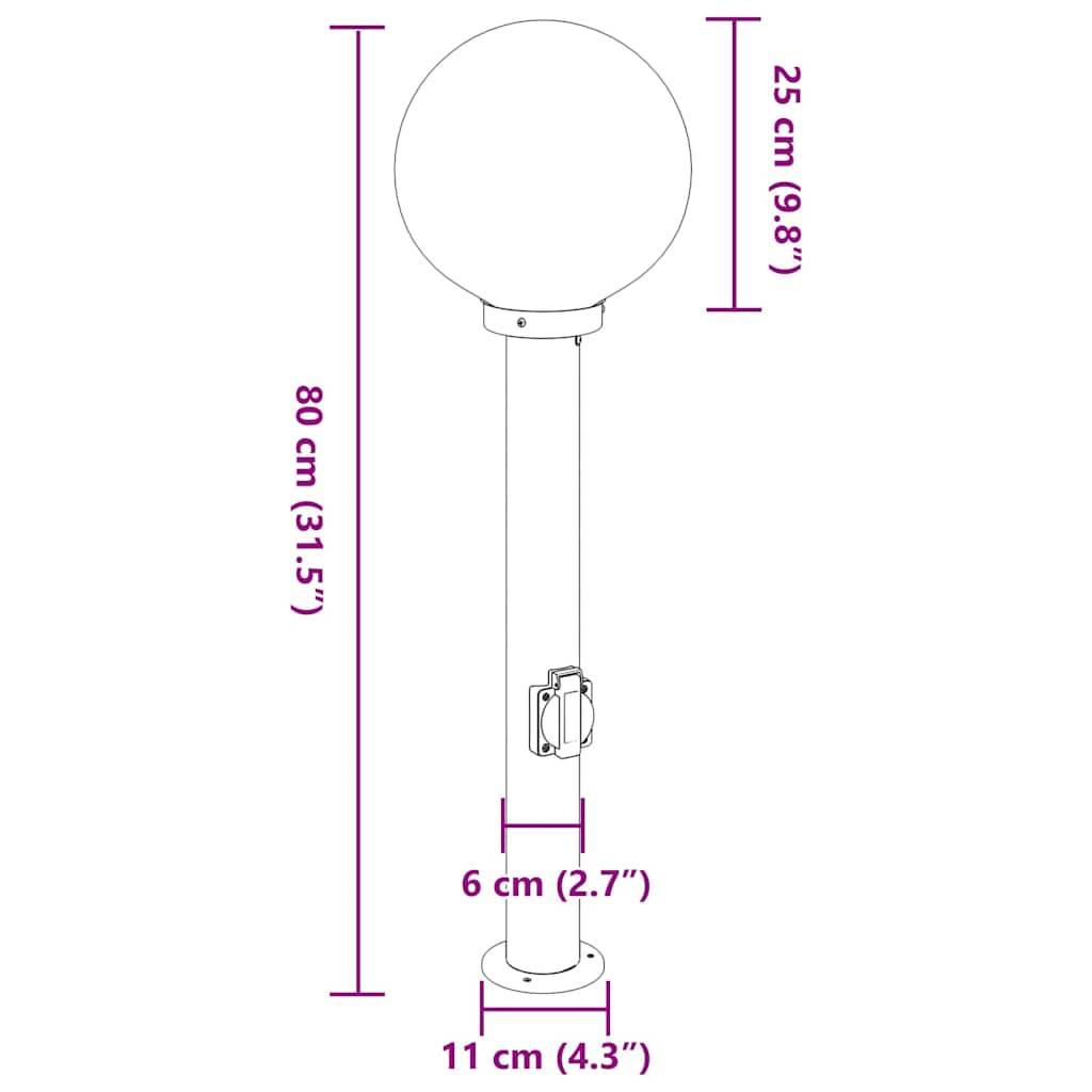 Diagramm einer Straßenlaterne mit Maßangaben: Höhe 80 cm (31,5 Zoll), Kugeldurchmesser 25 cm (9,8 Zoll), Basisbreite 11 cm (4,3 Zoll).