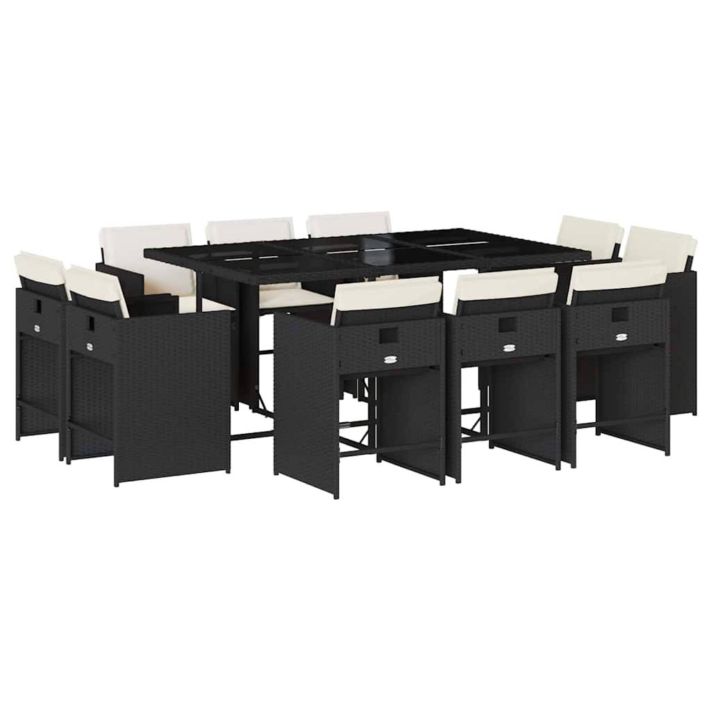 vidaXL 11-tlg. Garten-Essgruppe mit Kissen Schwarz Poly Rattan