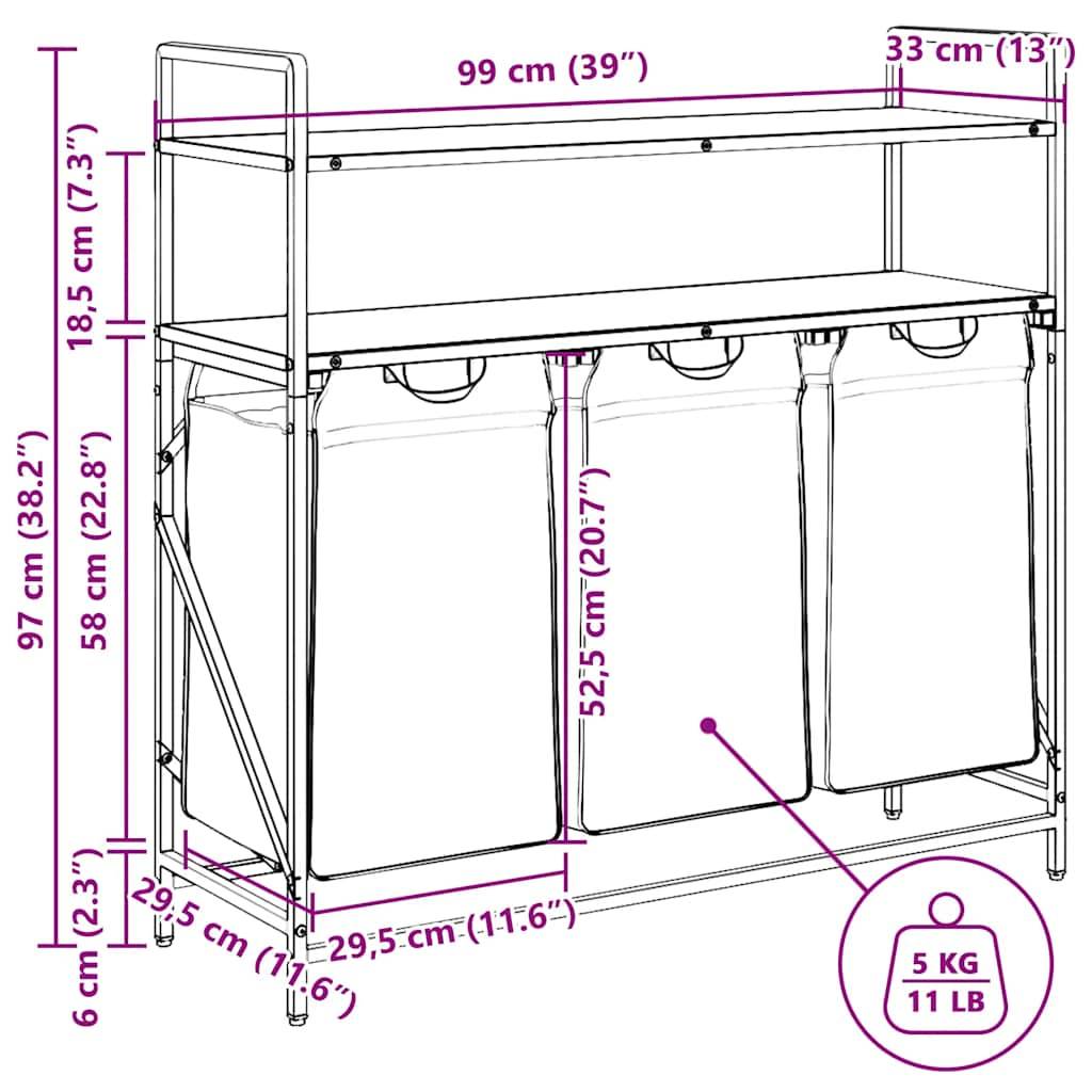 vidaXL Wäschekorb 3 Fächer mit Ablagen Räuchereiche