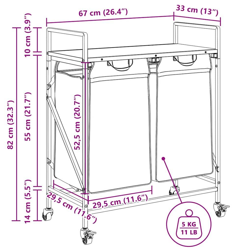 vidaXL Wäschekorb 2 Fächer mit Rollen Sonoma Eiche