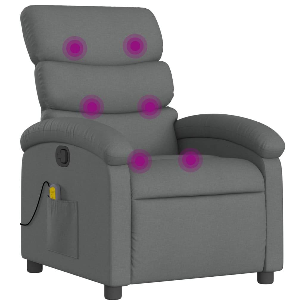 Ein grauer Relaxsessel mit einer Seitentasche und einer kabelgebundenen Fernbedienung, ausgestattet mit fünf Massagepunkten, die auf der Rückenlehne und dem Sitz gekennzeichnet sind.