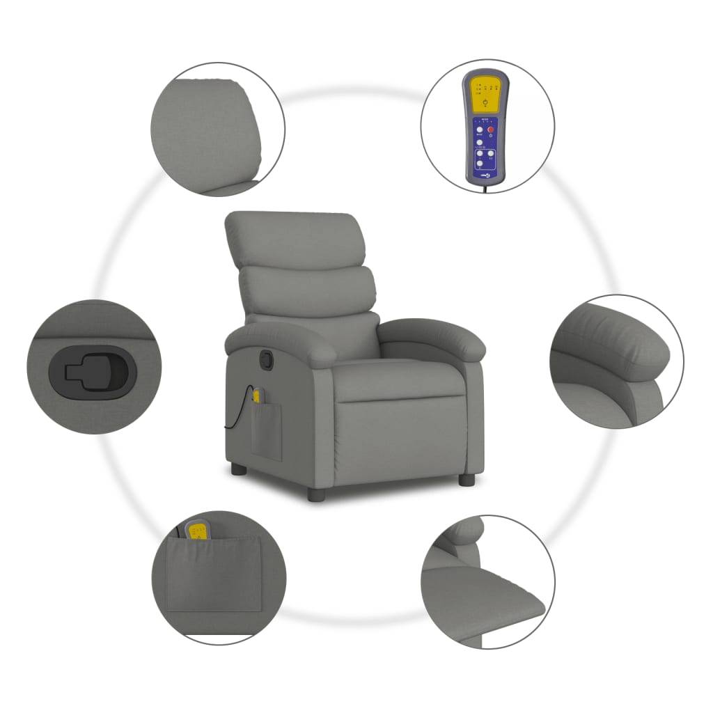 Relaxsessel-Merkmale: Fernbedienung, Seitentasche, Armlehnen-Detail und Rückstellungs-Aktivierungsknopf, alle in separaten Kreisen dargestellt.