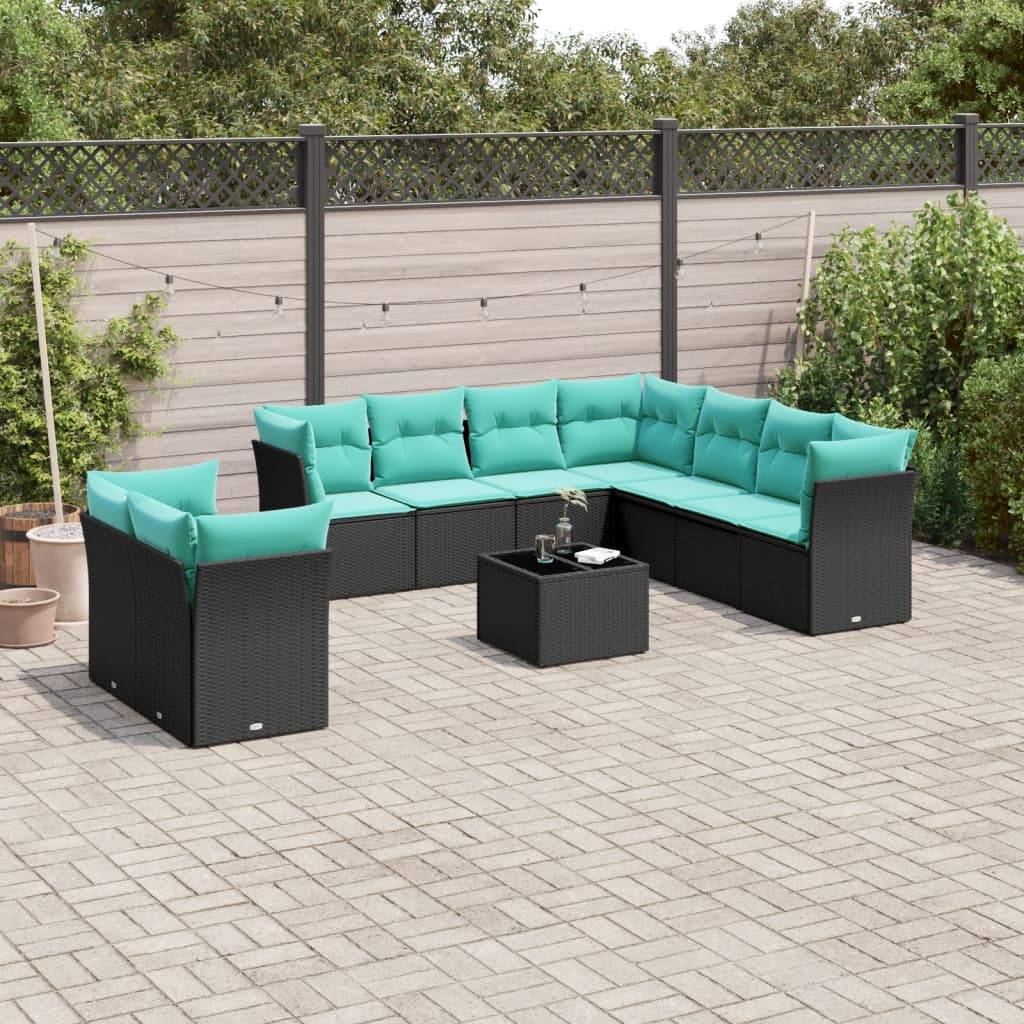 vidaXL 10-teiliges Gartensofa-Set mit Kissen, schwarzes Polyrattan
