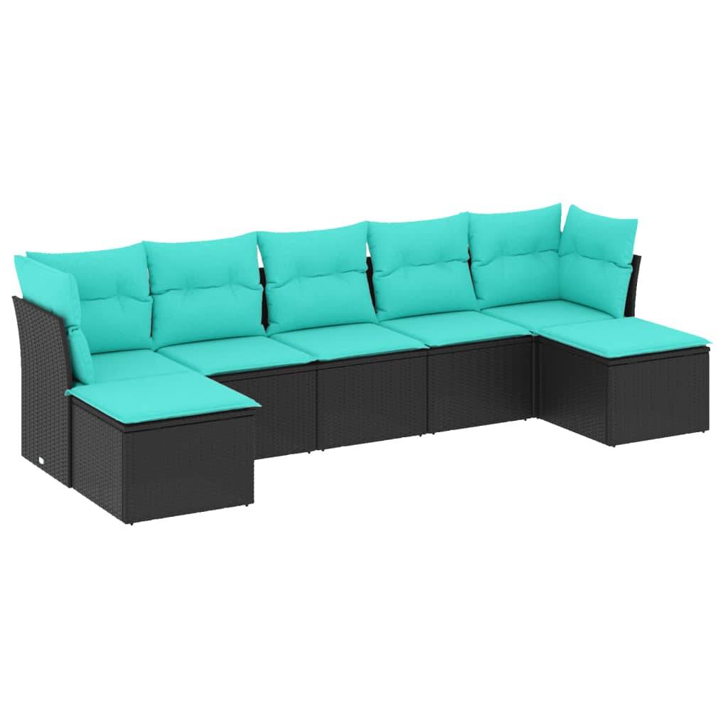 vidaXL 7-teiliges Gartensofa-Set mit Kissen, schwarzes Polyrattan
