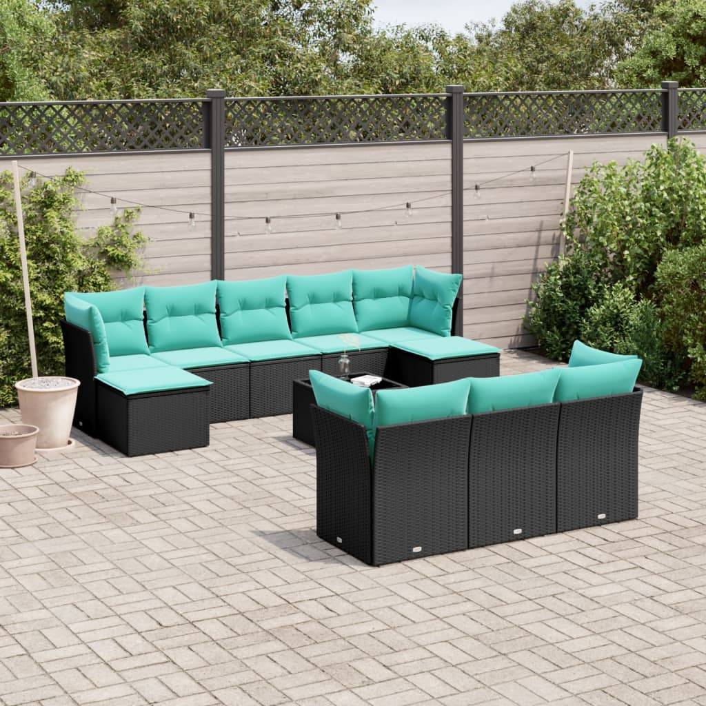 vidaXL 11-teiliges Gartensofa-Set mit Kissen, schwarzes Polyrattan