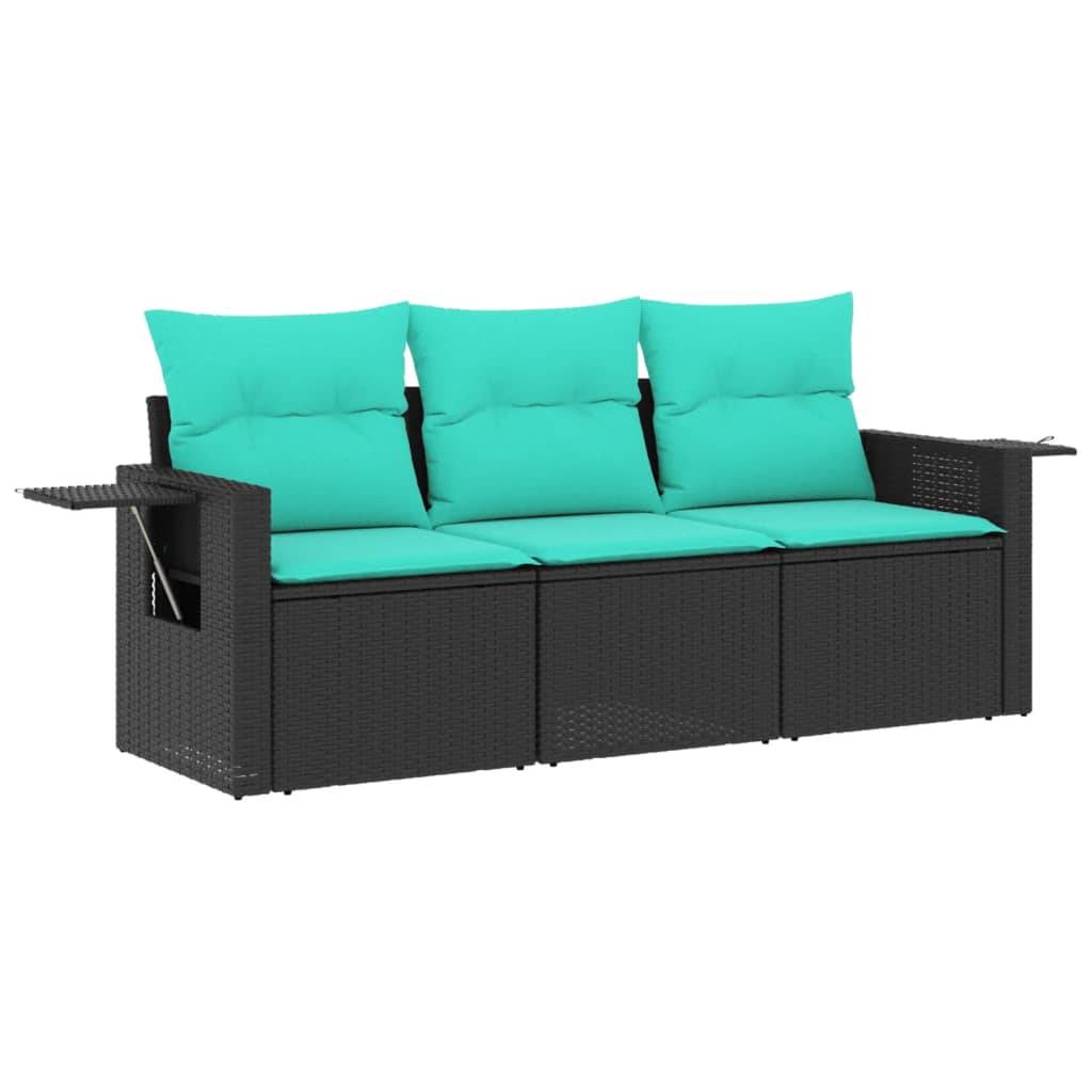 vidaXL 3-teiliges Gartensofa-Set mit Kissen, schwarzes Polyrattan